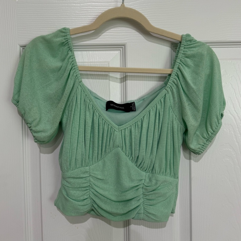 MINKPINK Mint Green Puff Sleeve Crop Top